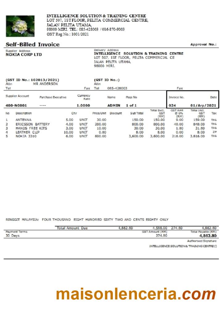 Malaysia Intelligence Solution & Training Centre self-billed invoice word and PDF template